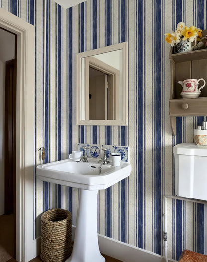 Wallpaper Peel and Stick Blue and Cream White Striped 17.3"x393" Vintage Hand (Blue and Cream White / 17.3" x 393")