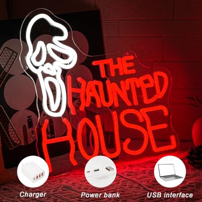 Haunted House Halloween Neon Sign for Wall Decor Halloween Neon Light Ghostface LED Sign Red Letter Neon Wall Sign Dimmable Goth LED Light for Party Game Room Bar Halloween Decor (Haunted House)
