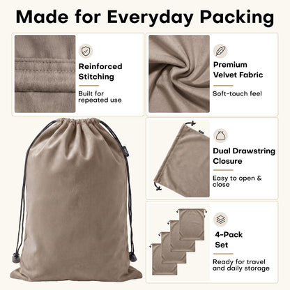 4 Pack Velvet Cloth Shoe Bags for Travel & Packing for Women & Men (Taupe)