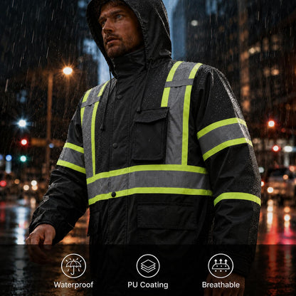 Rain Jacket Men Hi Vis Rain Coats Reflective Raincoat Waterproof High Visibility Work Suits for Men Women（RJ251 (Large / Black)