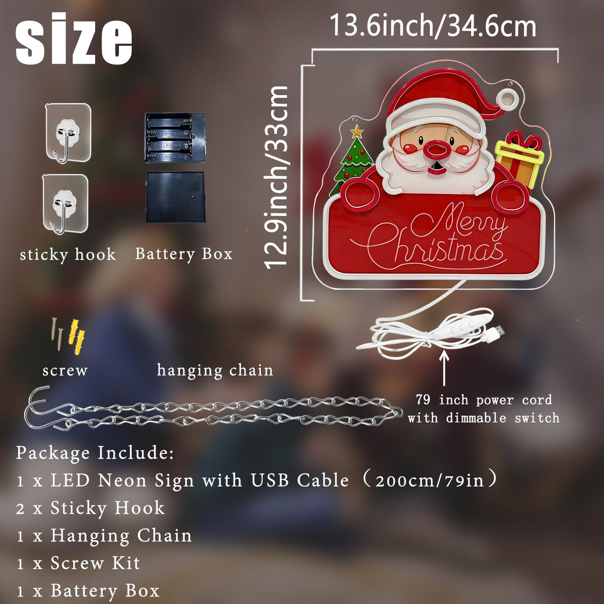 Santa Claus Neon Sign Dimmable Merry Christmas Neon Lights with Battery Box (Multicolor-Santa Claus)