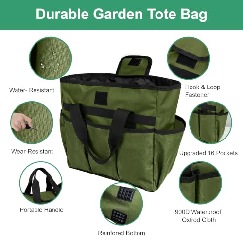 Portable Gardening Tool Tote Bag Organizer with 16 Pockets