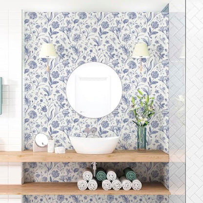 White and Blue Floral Peel and Stick Wallpaper Vintage 17in x 118in (Blue / 16.9" x 118.1")