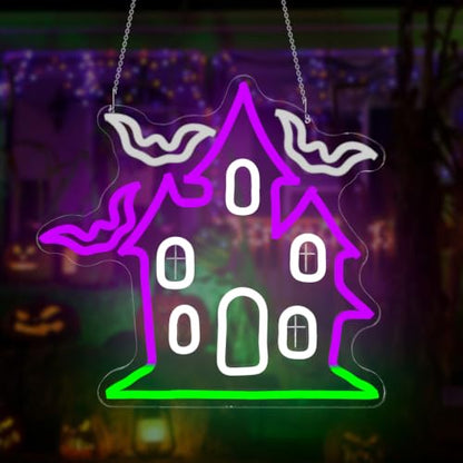 Haunted House with Flying Bat Halloween Neon Sign Dimmable Led Wall Decor (Haunted House)