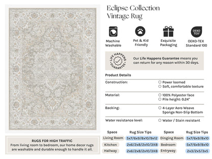 Grey Beige 6x9 Washable Area Rugs Vintage Indoor Carpet (E| Grey Beige / 6' x 9' (Rectangular))