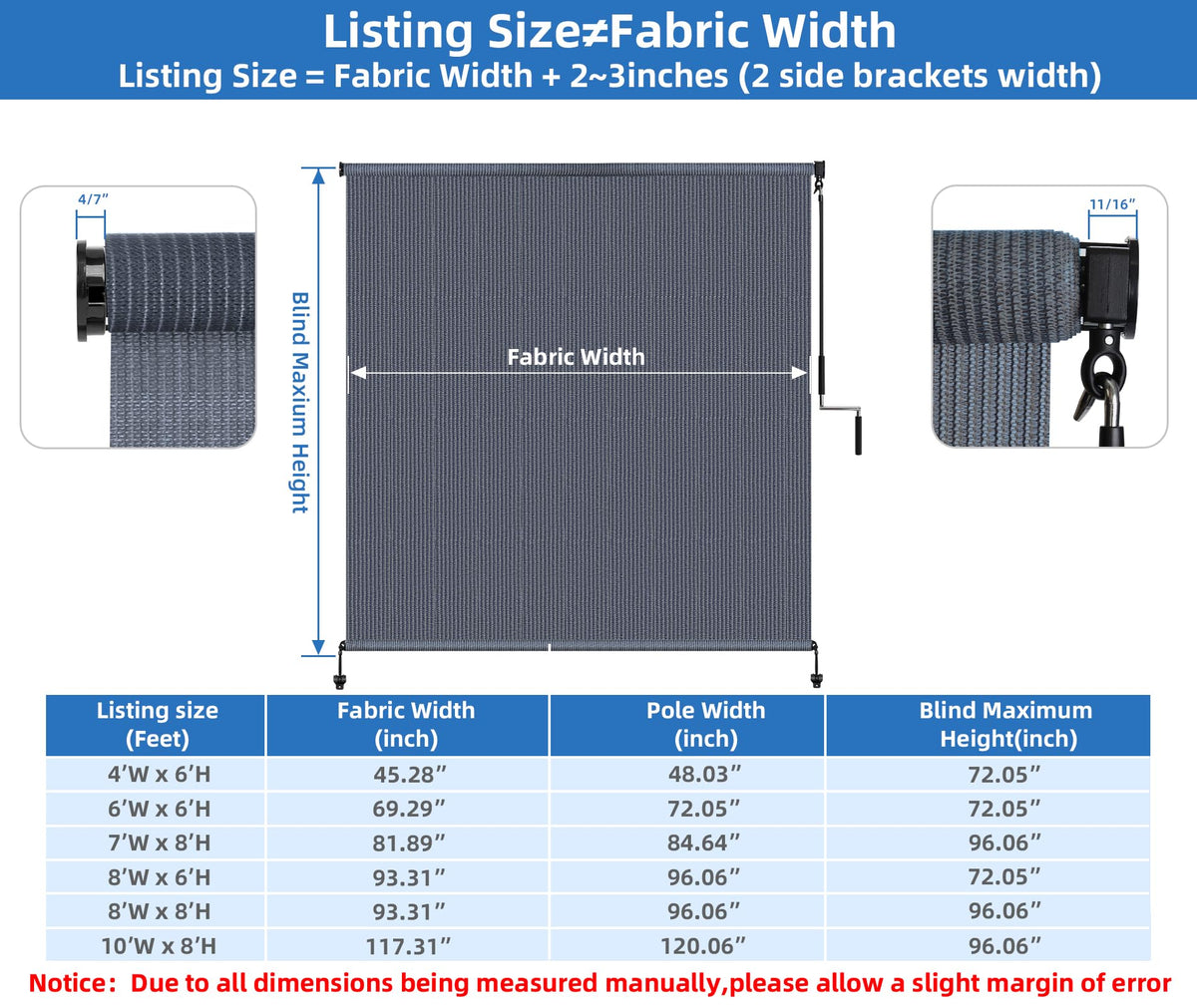 Outdoor Roller Shades for Patio 8 ft Wide (Blue Gray / 96"W x 96"H)
