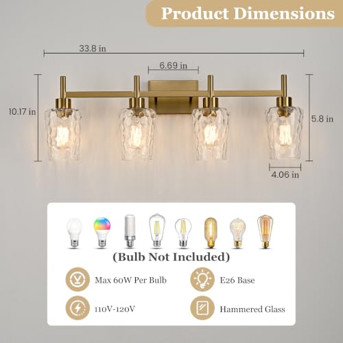 4 Light Bathroom Vanity Light Modern with Hammered Glass Shade (Gold / 4 Lights)
