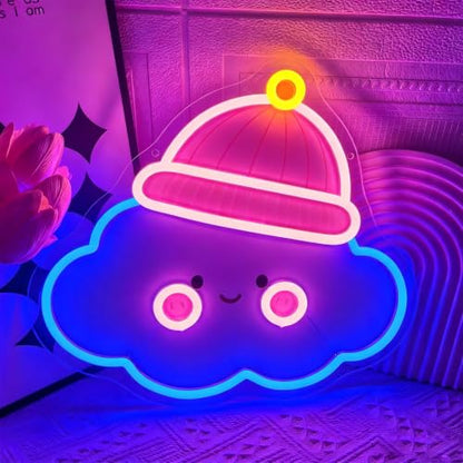 Cloud Neon Sign Cute Smiling Cloud with Pink Hat Led Light Sign