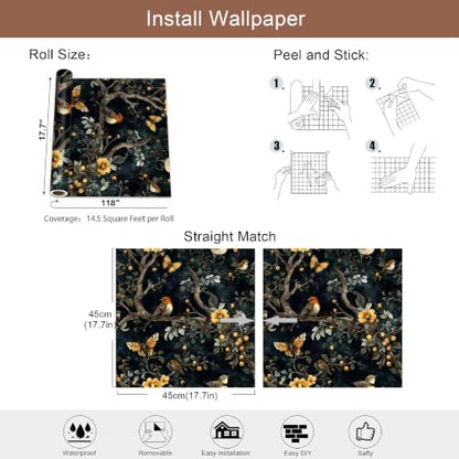Black Woodland Bird Peel and Stick Wallpaper