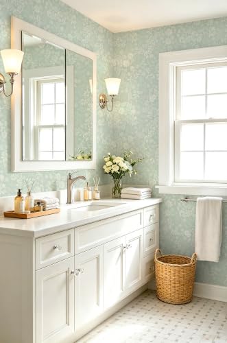 Green Floral Wallpaper Peel and Stick Contact Paper Leaf Modern Boho Farmhouse Wall Paper Self Adhesive Removable Wallpaper for Bathroom and Bedroom Vinyl 17.3"x197" (Light Green / 17.3" x 197")
