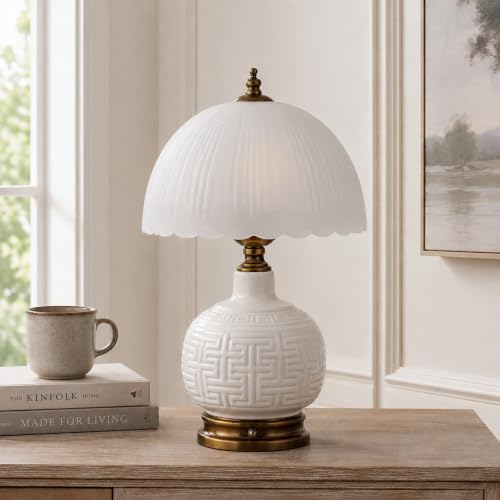 16" Vintage White Ceramic Table Lamp for Bedroom (White Ceramic + White Shade（Chinese）)