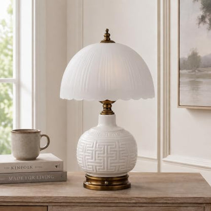 16" Vintage White Ceramic Table Lamp for Bedroom (White Ceramic + White Shade（Chinese）)