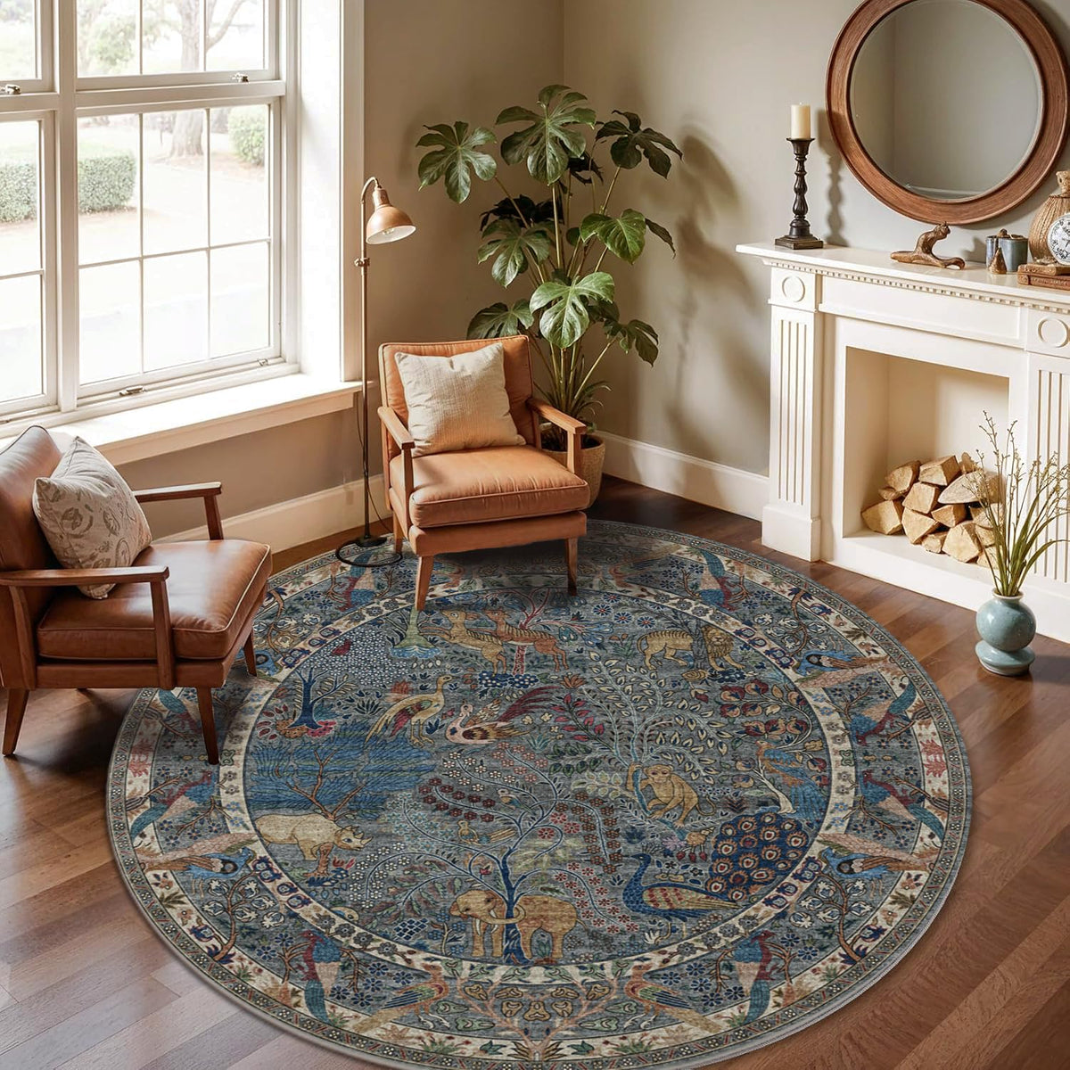 6ft Round Rug Circular Animal Print Area Rug Low Pile Indoor Rug (Dusty Blue/Multi / 6' (Round))