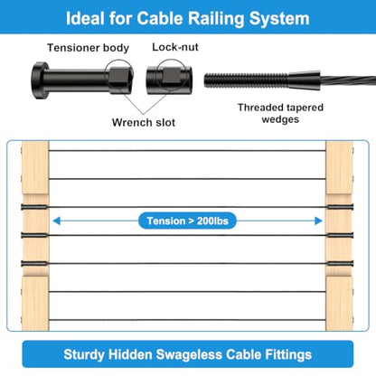 1 8" Cable Railing Kit Hardware Swageless Invisible Cable Railing Tensioner for 2"x2" Wood Post & Metal Post T316 Steel Stainless Deck Cable Railing System