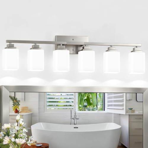 Brushed Nickel Bathroom Light Fixtures (Nickel-White Shade / 6-Light)