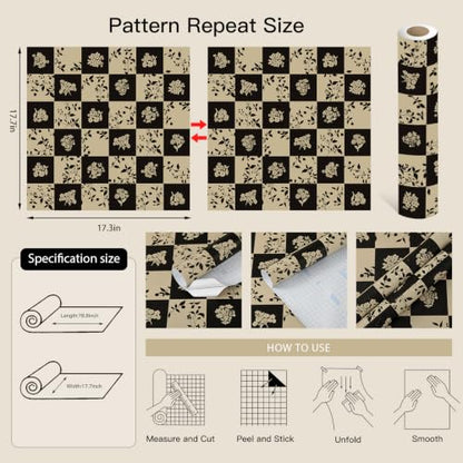 Checkered Contact Paper Vintage Peel and Stick Wallpaper (17.3" x 78.7" / Black and Cream White)