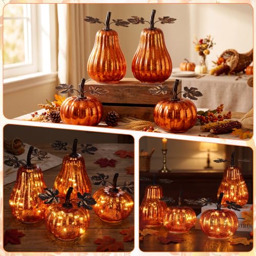 4 Pcs Glass Pumpkin Lighted Fall Thanksgiving Decor