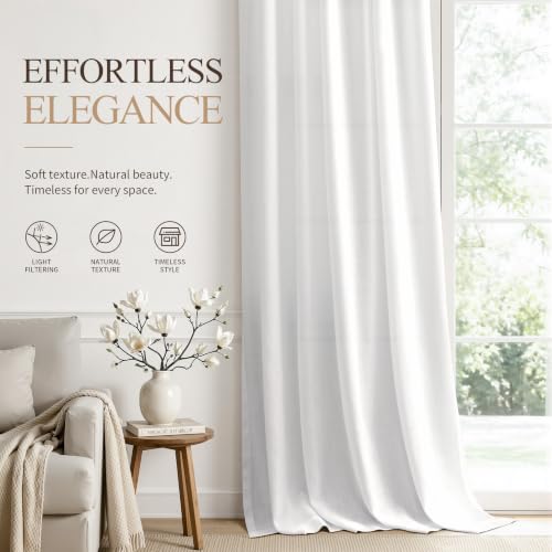 White Linen Curtains 63 Inches Long for Living Room 2 Panels (White / 52"W x 63"L (Pack of 2))