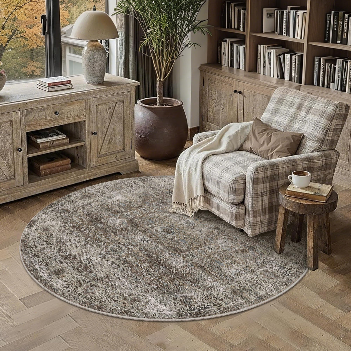 Round Rug 4ft Brown Grey Vintage Washable Circle Rug for Entryway Kitchen (4'(Round) / Antique/Moss)