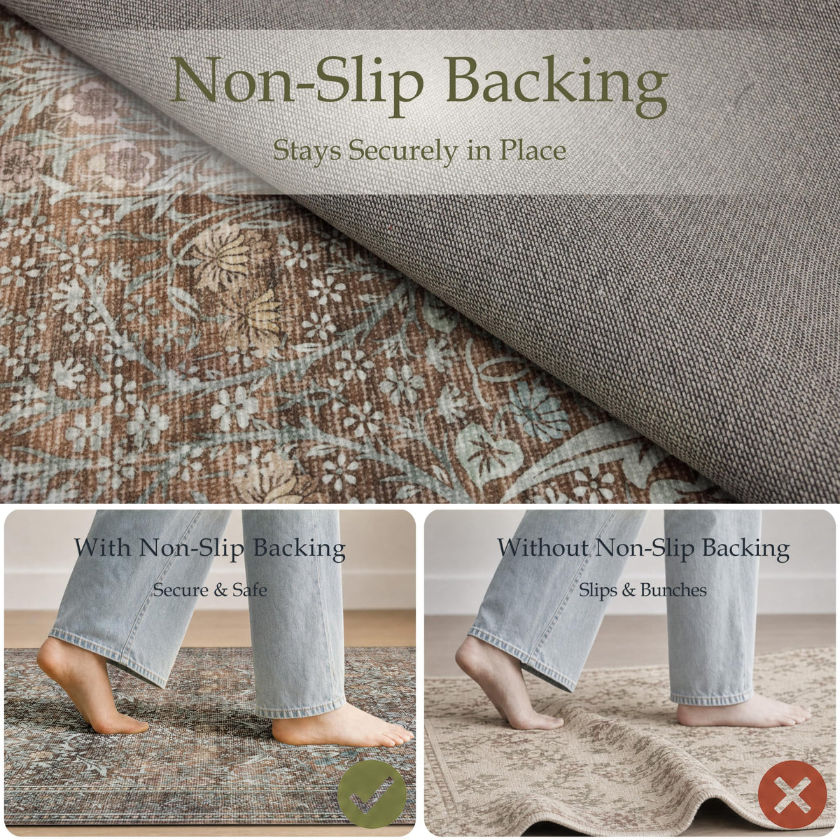 Runner Rug 2x10 Washable Vintage Floral Rug (Vintage Brown / 2' x 10' (Rectangular))