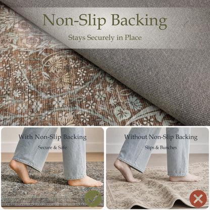 Runner Rug 2x10 Washable Vintage Floral Rug (Vintage Brown / 2' x 10' (Rectangular))