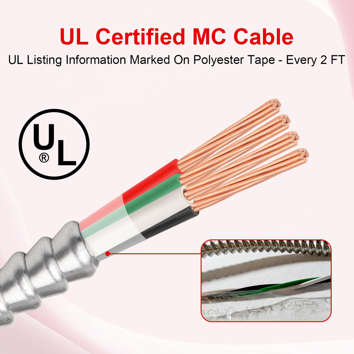 6 3 MC Cable 15 FT Aluminum Armored Electrical Wire with Ground THHN (15 FT / 6AWG/3)