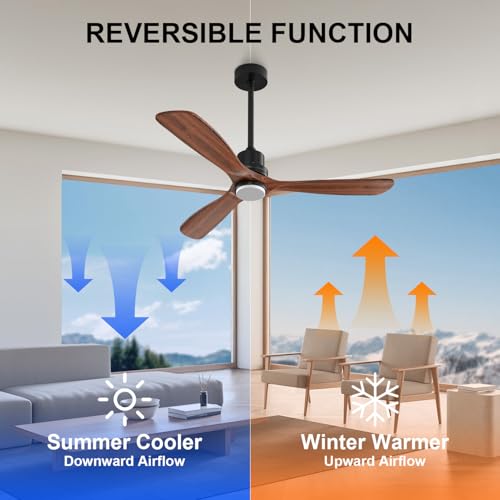 Ceiling Fans with Lights 52IN Outdoor Ceiling Fan with Remote Control Wood Modern Ceiling Fans with Light for Patios Noiseless Reversible DC Motor (Dark walnut / 52IN)