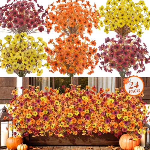 24 PCS Fake Fall Flowers for Outdoors Mums Porch Planter Decor