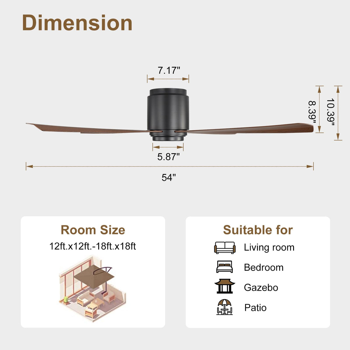 54 Inch Wet Rated Ceiling Fan without Light (Black and Walnut / 54")