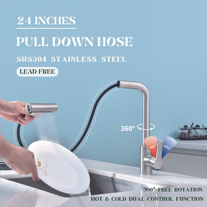 Kitchen Faucet with Pull Down Sprayer SUS304 Stainless Steel Waterfall Kitchen Sink Faucet 4 Functions Brushed Nickel Pull Out Kitchen Sink Faucets Utility Rv for 1 or 3 Hole Sink (4 Function Kitchen Faucet-Brushed Nickel)
