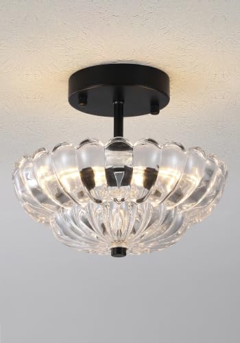 Vintage Black Close to Ceiling Light Fixture with Glass Shade