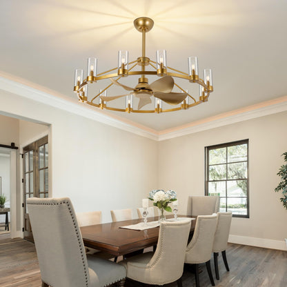44" Wagon Wheel Chandelier Ceiling Fan with 12 Lights (Gold)