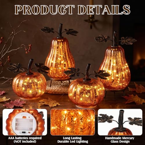 4 Pcs Glass Pumpkin Lighted Fall Thanksgiving Decor