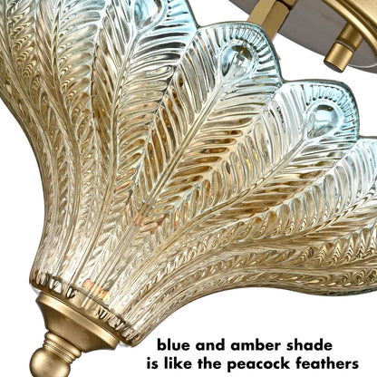 Luxury Gold Semi Flush Mount Ceiling Light Blue & Amber Shade (Gold-Blue & Amber / 9.84"W)