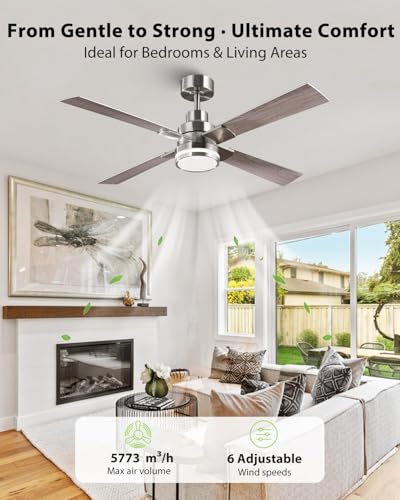 52 Inch Nickel Ceiling Fans with Lights and Remote