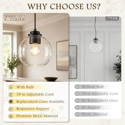 6" Globe Pendant Light Pendant Lights Kitchen Island Black Clear Glass Pendant Lights Height Adjustable Mid Century Modern Light Fixture for Dining Room Bedroom Entryway Foyer Bulb Incl (Black & Clear Glass / 6 Inch)