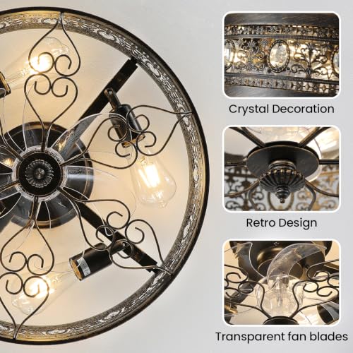 Low Profile Caged Ceiling Fan with Light Black Rustic Fandelier (Black / Flush Mount)
