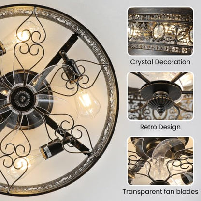 Low Profile Caged Ceiling Fan with Light Black Rustic Fandelier (Black / Flush Mount)