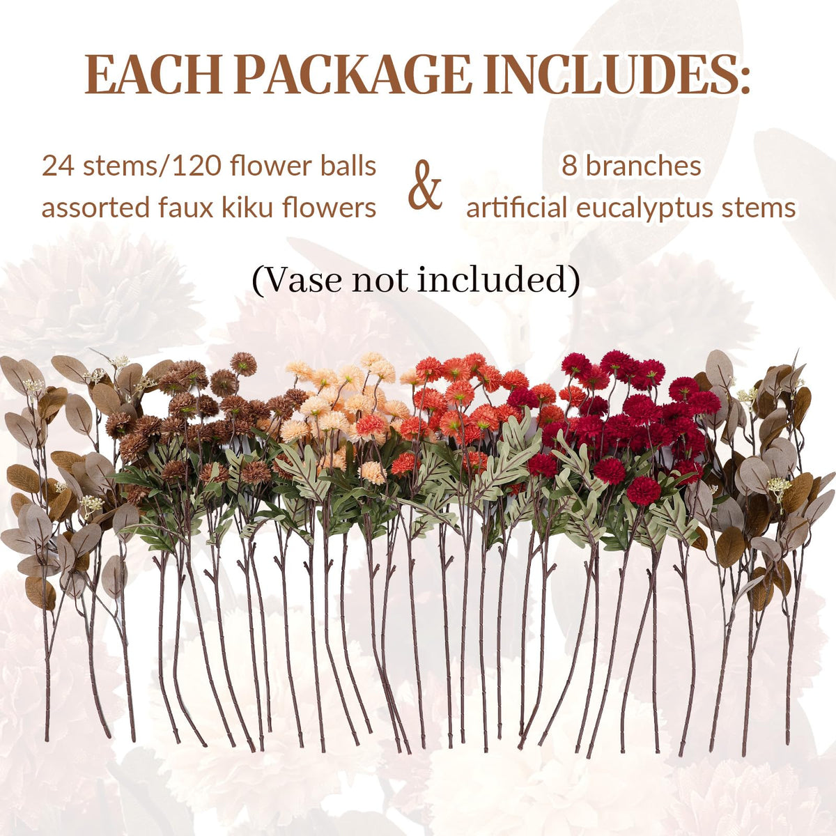 32 PCS Silk Mums Artificial Fall Flowers with Eucalyptus for Vase (Yellow Red Orange Brown)