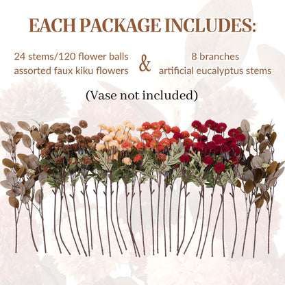 32 PCS Silk Mums Artificial Fall Flowers with Eucalyptus for Vase (Yellow Red Orange Brown)
