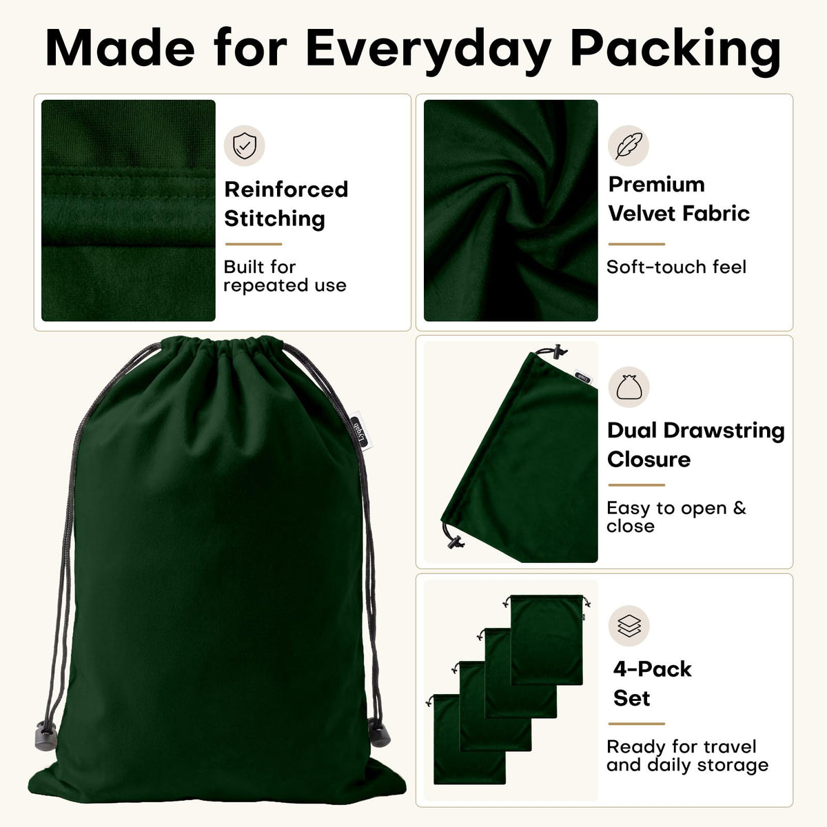 4 Pack Velvet Cloth Shoe Bags for Travel & Packing for Women & Men (Forest Green)