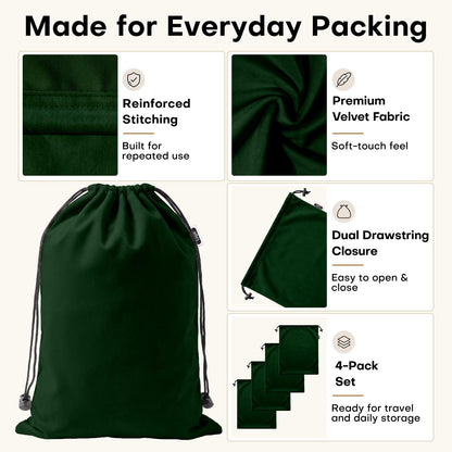 4 Pack Velvet Cloth Shoe Bags for Travel & Packing for Women & Men (Forest Green)