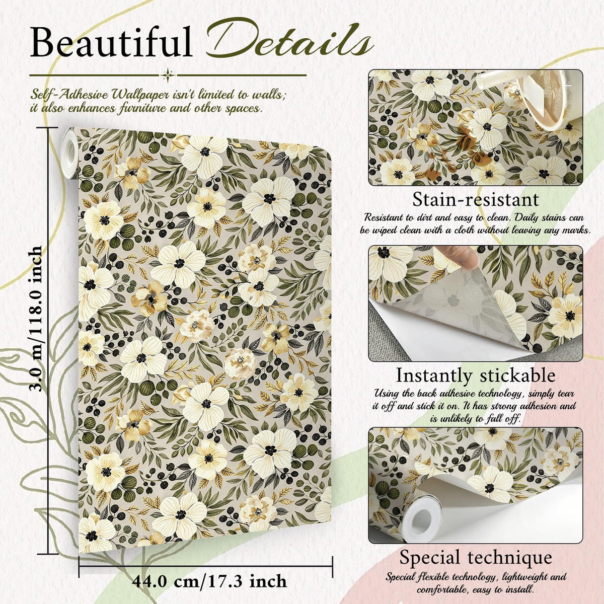 Peel and Stick Wallpaper (Lvory Hibiscus / 17.3" x 196.8")
