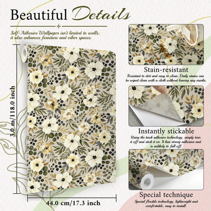 Peel and Stick Wallpaper (Lvory Hibiscus / 17.3" x 196.8")