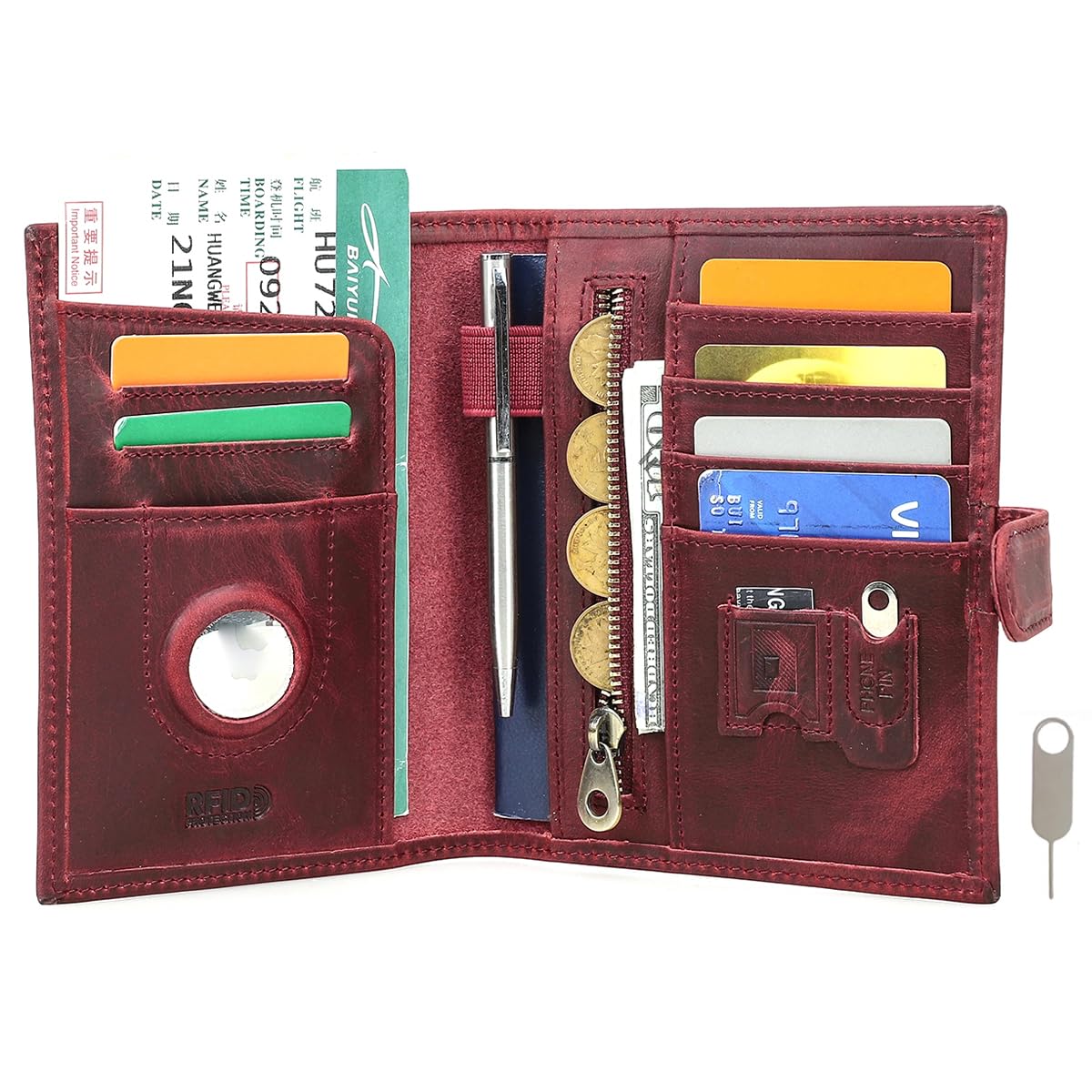 Full Grain Leather Passport Holder Compatible with Airtag Passport Wallet RFID Blocking Travel Passport Cover with SIM Card Removal Tool (Wine Red / Plain- Snap)