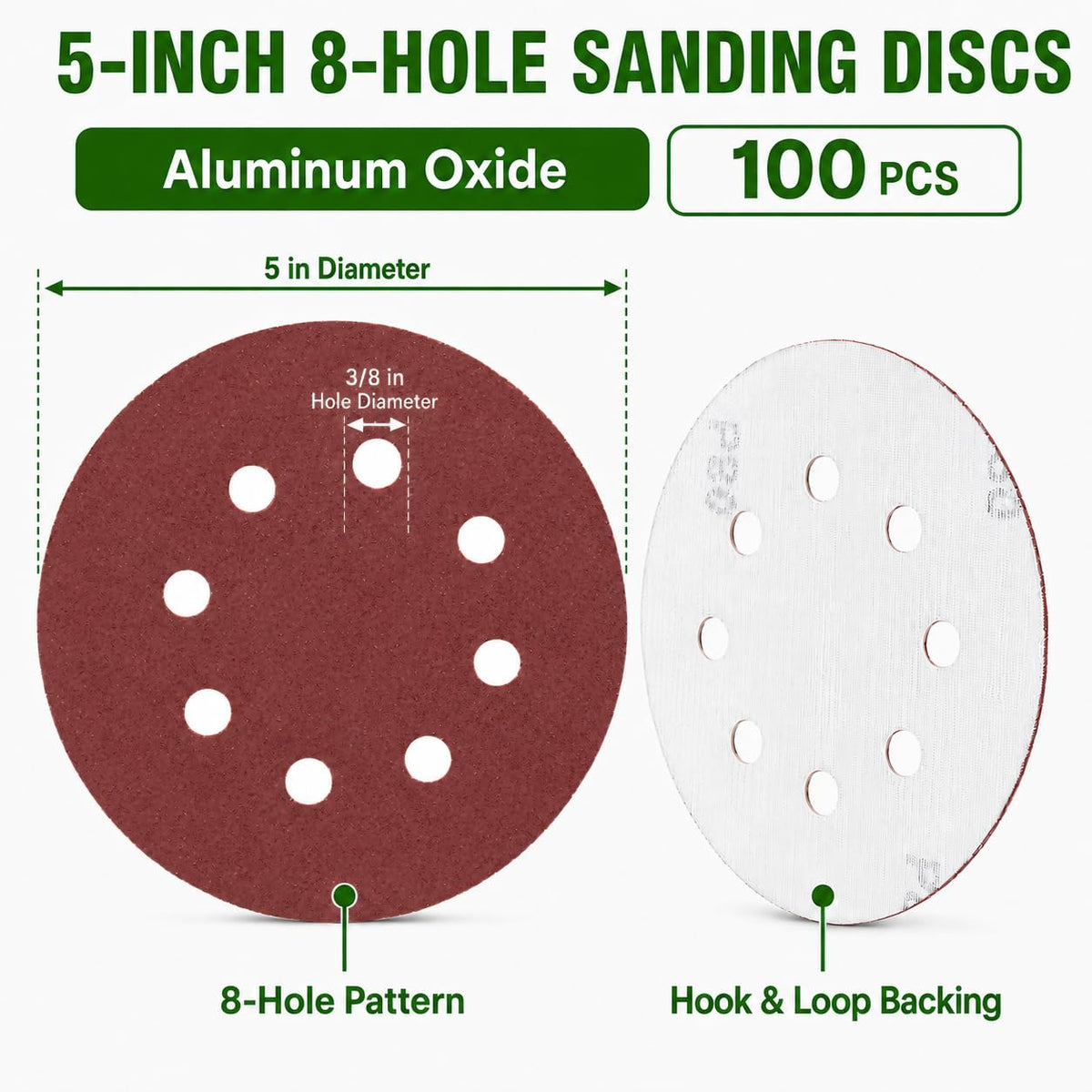 100 Pcs 5 Inch 8 Hole Sanding Discs (60 Grit)