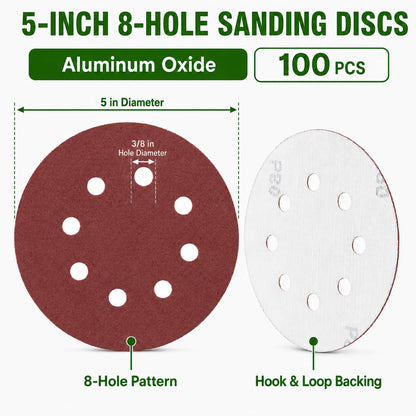 100 Pcs 5 Inch 8 Hole Sanding Discs (60 Grit)