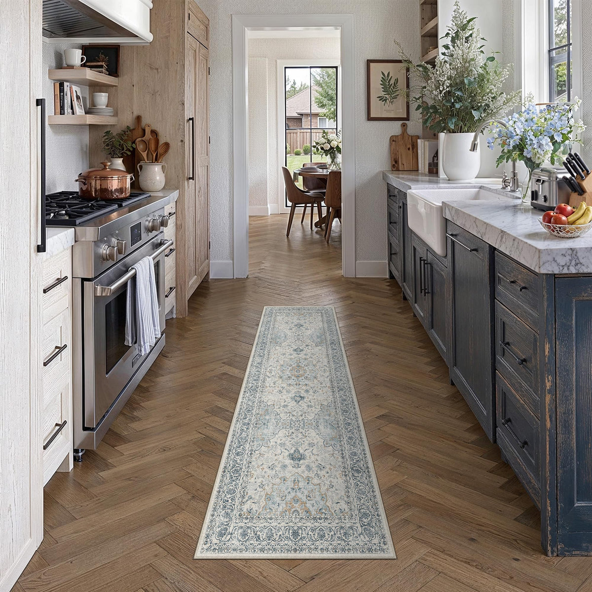 2x6 Washable Runner Rug Navy Blue Non Slip Vintage Carpet (Vintage | Blue Multi / 2' x 6' (Runner))
