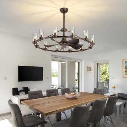 44" Wagon Wheel Chandelier Ceiling Fan with 12 Lights