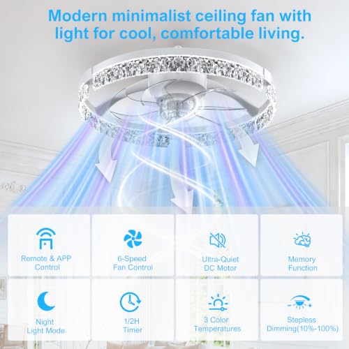 Ceiling Fans with Lights and Remote (White-Crystal / 20 INCH)